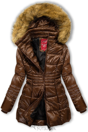 Chocolate brown shiny quilted jacket with a hood