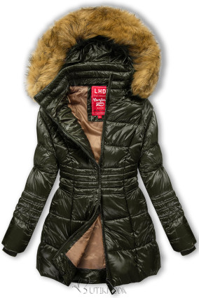 Khaki shiny quilted jacket with a hood