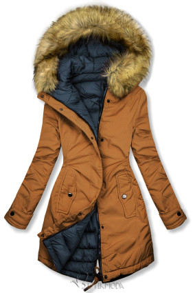 Reversible winter jacket with brown/blue faux fur