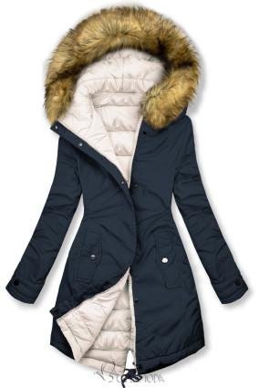 Reversible winter jacket with dark blue/ecru faux fur