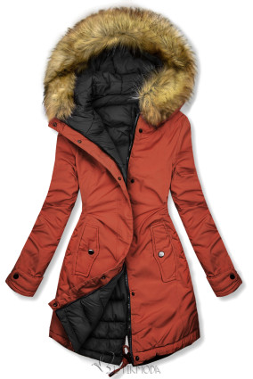 Reversible winter jacket with rust red/black faux fur