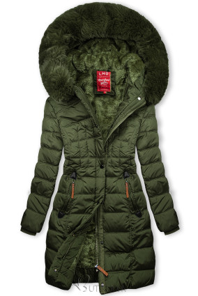Khaki winter jacket with plush and faux fur