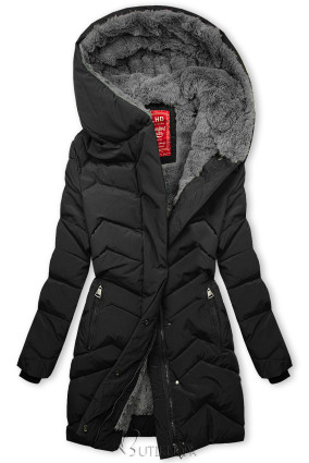 Black quilted winter jacket with plush