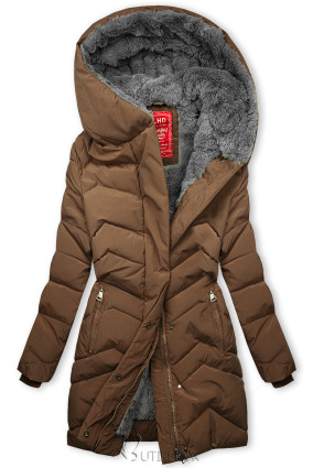 Brown quilted winter jacket with plush