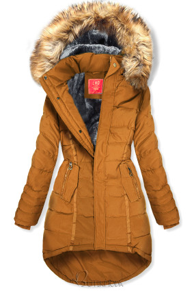 Caramel quilted winter jacket with the hood