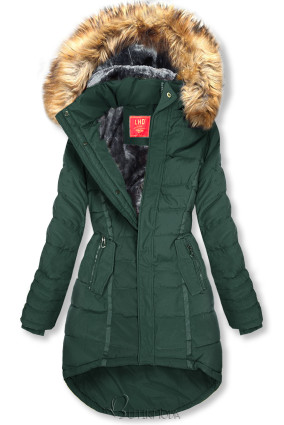 Green quilted winter jacket with the hood