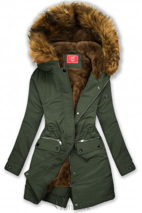 Dark green winter parka jacket with faux fur