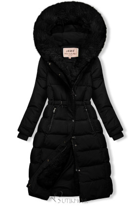 Black quilted winter jacket with the pulling at the waist