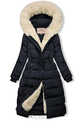 Darkblue/cream quilted winter jacket with the pulling at the waist