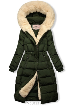 Khaki/beige quilted winter jacket with the pulling at the waist