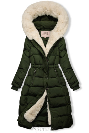 Khaki/cream quilted winter jacket with the pulling at the waist
