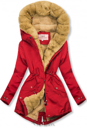 Red-beige parka jacket with faux fur lining