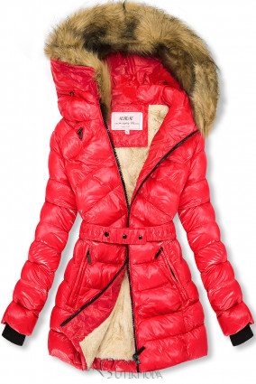 Belted winter jacket in red/beige