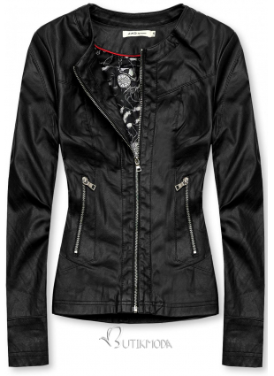 Black faux leather jacket with patterned lining