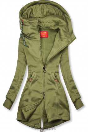 Army green elongated hoodie with quilted details