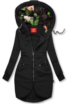 Black asymmetric elongated hoodie with flowers