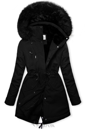 Black parka for winter with black faux fur lining