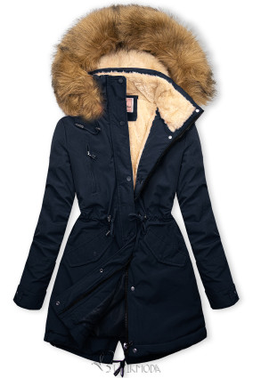 Dark blue parka for winter with beige faux fur lining