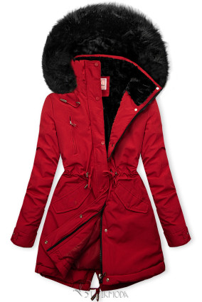 Red parka for winter with black faux fur lining