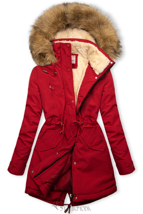 Red parka for winter with beige faux fur lining