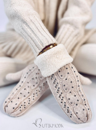 Decorated women's light beige gloves-mittens