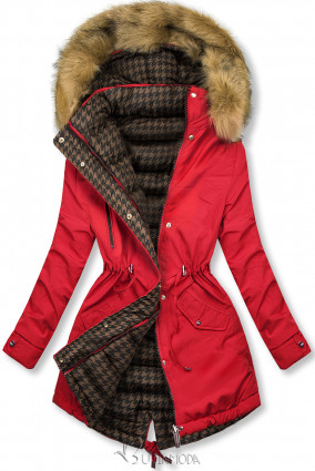 Red reversible winter parka with faux fur trim
