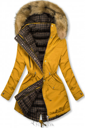 Yellow reversible winter parka with faux fur trim