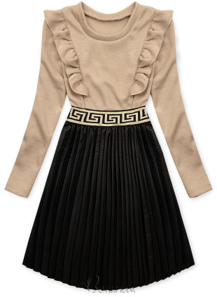 Beige dress with leather pleated skirt