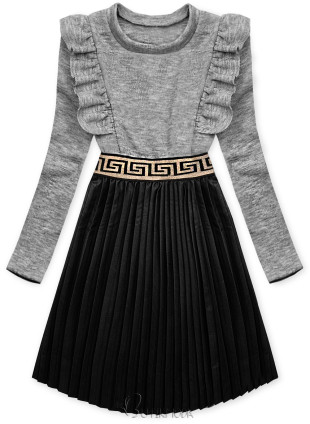 Grey dress with leather pleated skirt