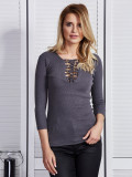 Gray Women's Blouse with Lace-Up Neckline