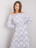 Beige-Blue Maxi Dress with Off-Shoulder Neckline