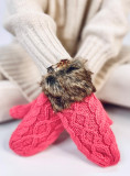 Raspberry mittens with knitted pattern