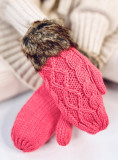 Raspberry mittens with knitted pattern