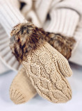Beige mittens with knitted pattern