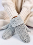 Decorated women's light grey gloves-mittens