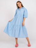 Flared Blue Dress with 3/4 Sleeves