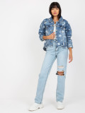 Blue Women's Denim Jacket with Print and Holes