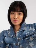 Blue Women's Denim Jacket with Print and Holes