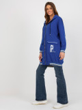 Dark Blue Long Zip-Up Hoodie with Prints and Application