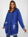 Dark Blue Long Zip-Up Hoodie with Prints and Application