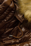 Chocolate brown shiny quilted jacket with a hood