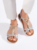 Silver Flat Sandals with Beads