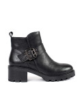Black Leather Ankle Boots with Heel and Decorative Buckle