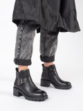 Black Leather Ankle Boots with Heel and Decorative Buckle
