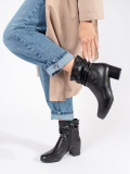 Black Leather Ankle Boots with Block Heel and Gathered Shaft