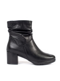 Black Leather Ankle Boots with Block Heel and Gathered Shaft