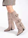 Beige Suede Knee-High Block Heel Boots with Buckles