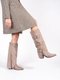 Beige Suede Knee-High Block Heel Boots with Buckles