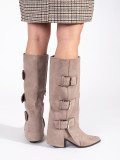 Beige Suede Knee-High Block Heel Boots with Buckles