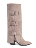 Beige Suede Knee-High Block Heel Boots with Buckles